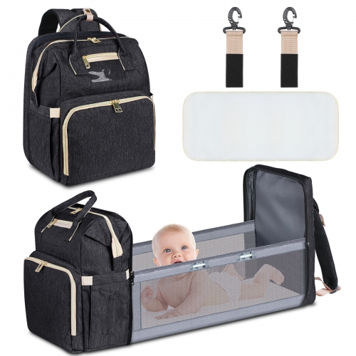 Diaper Bag Backpack, Portable Travel Mommy Bag with Changing Station, Multi-Function Baby Bassinet Crib Diaper Backpack with Foldable Crib